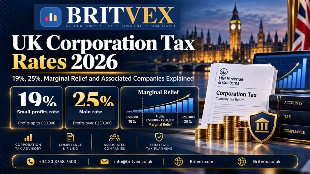 Britvex UK Corporation Tax rates 2026 infographic illustrating 19% and 25% tax rates, Marginal Relief, £50,000 and £250,000 profit thresholds
