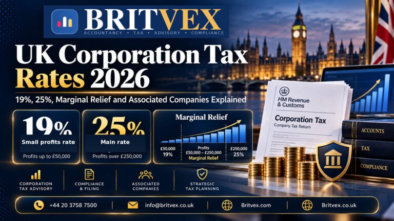 Britvex UK Corporation Tax rates 2026 infographic illustrating 19% and 25% tax rates, Marginal Relief, £50,000 and £250,000 profit thresholds